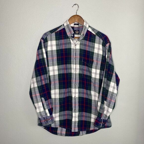 VTG Dockers Men's Small Plaid Flannel Cotton Button Down White Blue Green 90's - Picture 1 of 12